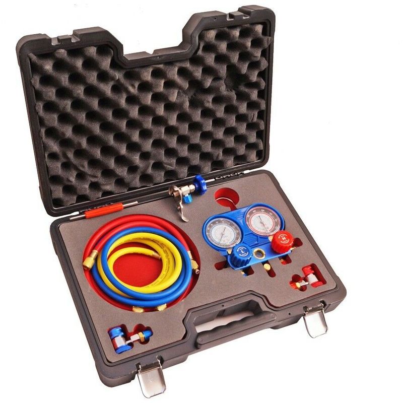 Kit de comprobaci—n de aire acondicionado con manometros R12 Y R134A + detector de fugas de aire acondicionado