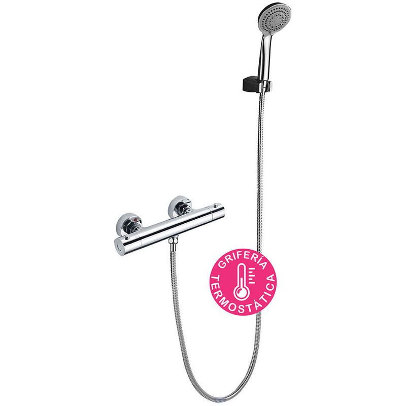 Grifo termostático para ducha ORT con barra y manetas latón. Incluye flexo de acero inoxidable, mango de ducha y soporte de ducha Kibath