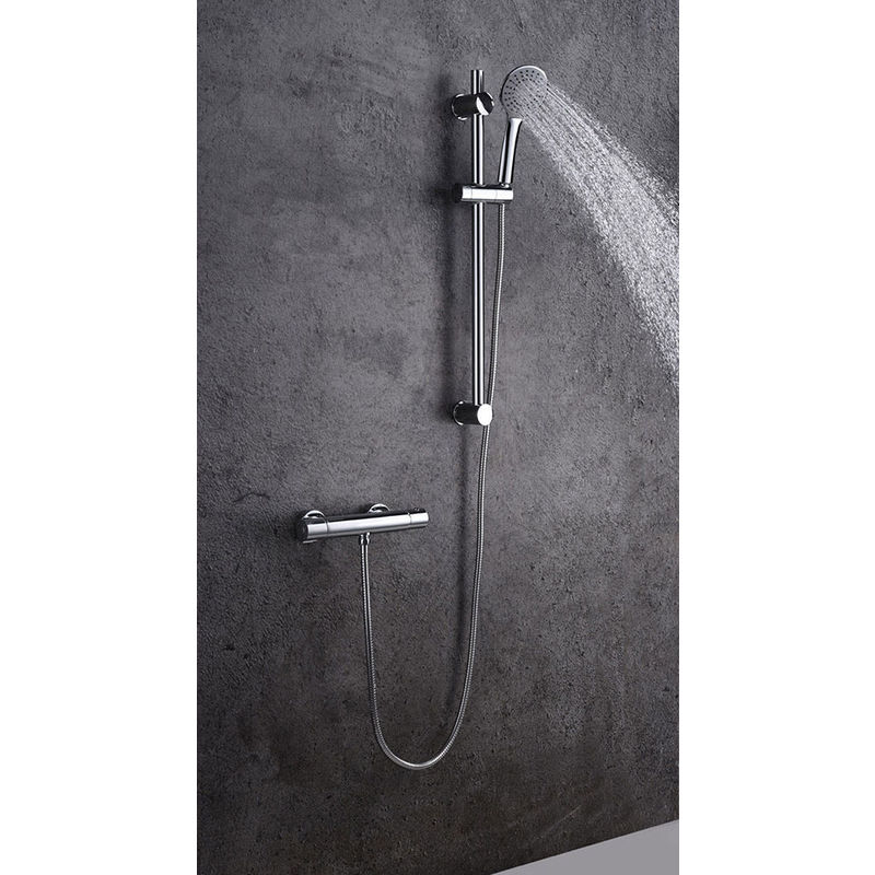 Grifo termostático para ducha PAR con barra y manetas latón. Incluye flexo de acero inoxidable, mango de ducha y barra de ducha Kibath