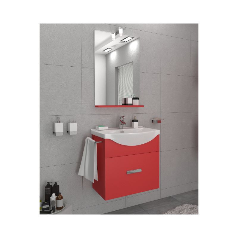 Mueble de baño suspendido Ocean 55 cm en madera rojo imperial con espejo y lavabo Standard - BAGNO