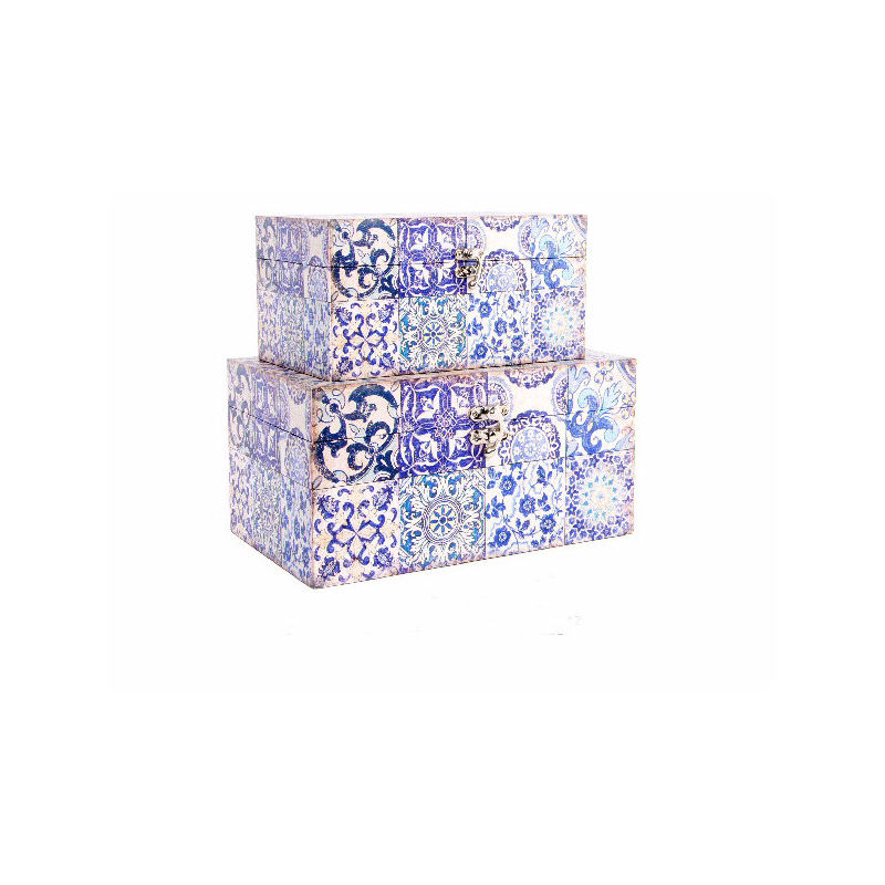 Caja de madera con diseño elegante de Azulejo azul Set de dos - HOGAR Y MAS