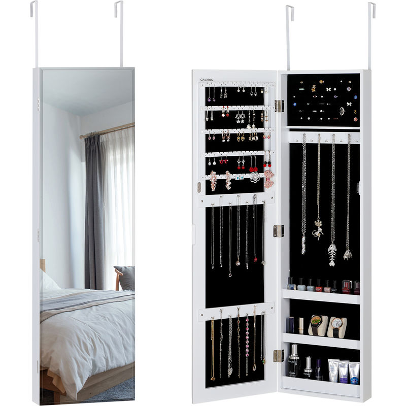 Armario para joyas con espejo modelos con o sin luces LED 31,5 x 9 x 110 cm armario colgante para la puerta Blanco - Blanco - Casaria