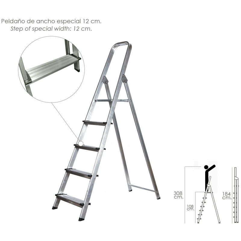 Escalera Aluminio Doméstica Profesional 5 Peldaños (Peldaño de 12 cm.) - WOLFPACK