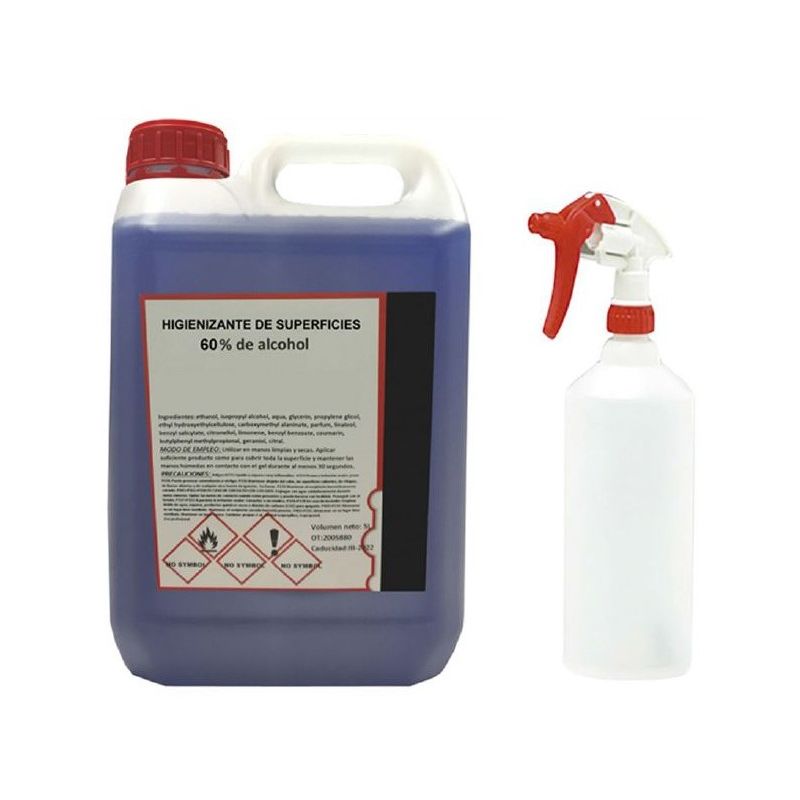 Higienizante líquido de desinfección de superficies 5 litros con pulverizador 1 litro especial para alcohol