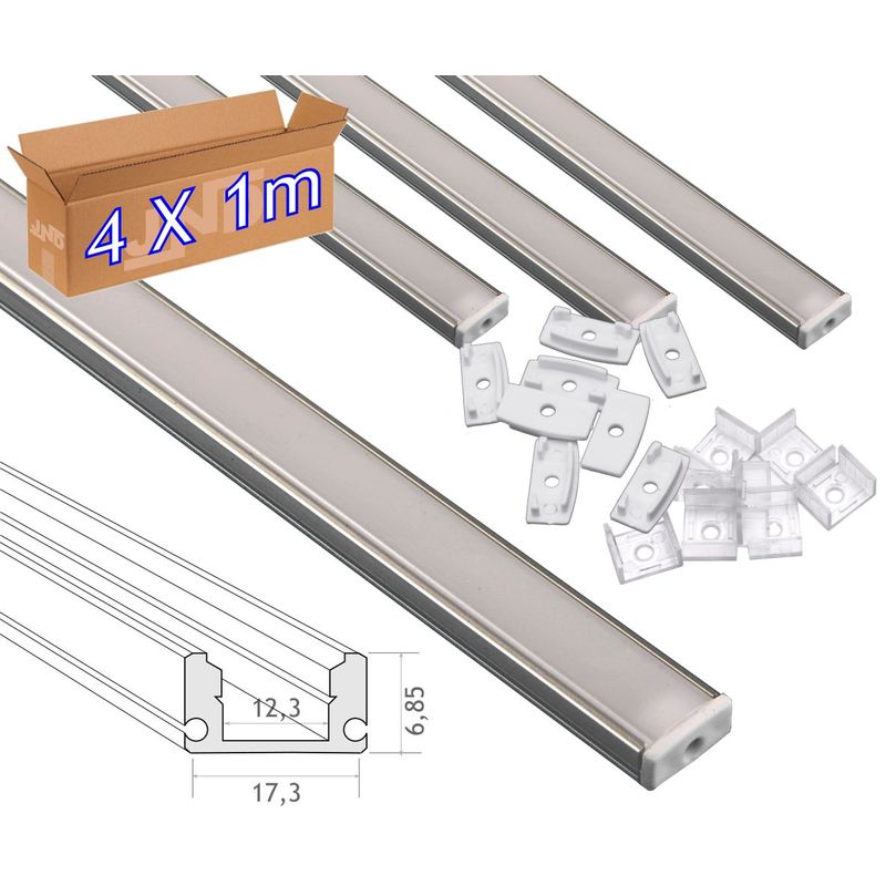 jandei 4 * 1 metro Perfil aluminio tira led superficie con tapa traslúcida 12,3x6,08mm