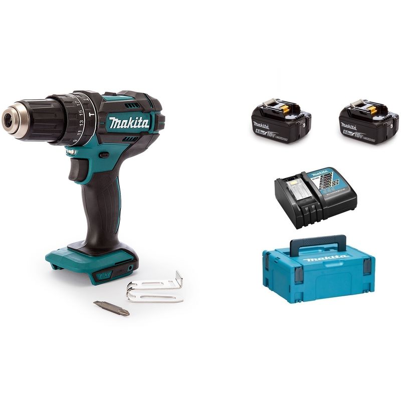 Makita - Taladro Percutor DHP482RTJ (2 x 5,0 Ah + DC18RC + MAKPAC 2)