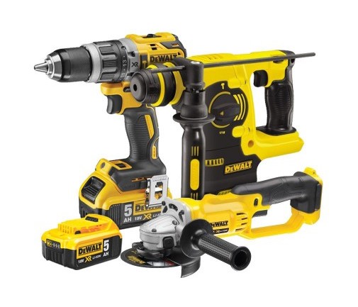 Power kit taladro percutor Dewalt CPROF265 con maletín, amoladora XR18V, martillo XR SDS plus y 3 baterias