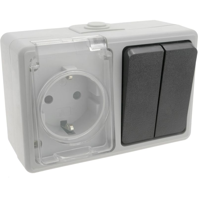 Base de superficie estanca IP54 16A 250V con 2 x interruptor conmutador y 1 x schuko - Bematik