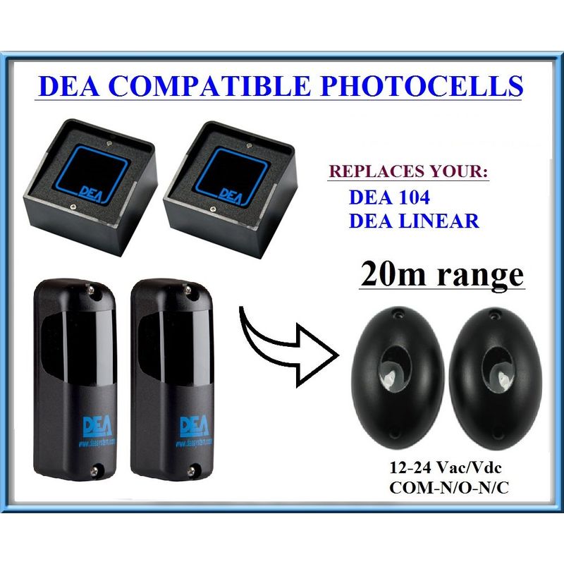Fotocélulas infrarrojas universales compatibles con DEA 104 / DEA LINEAR, 12-24V, N.C-COM-N.O. rango de operación 20m !!! - STUFFBOX