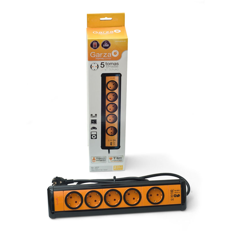 Garza - HomePower - Regleta Base múltiple con 5 tomas y 2 USB 1,5mmX1,4m Naranja