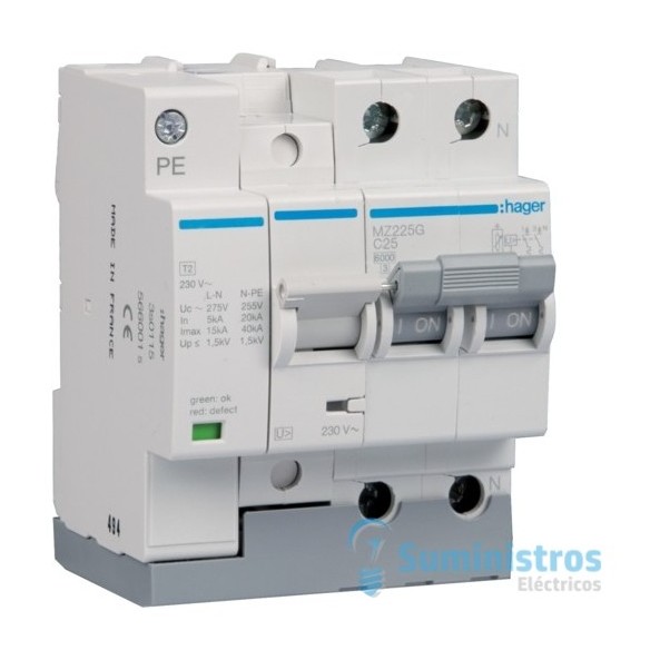 Interruptor automatico +Limitador sobretensiones permanentes y transitorias Hager MZ240G 2 Polos 40A