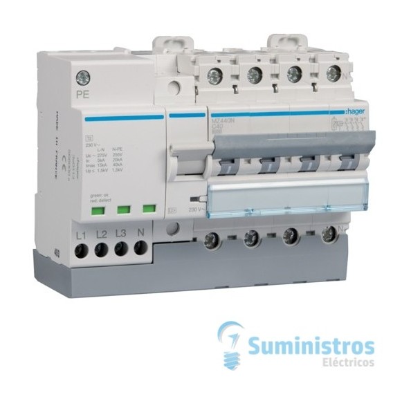 Interruptor automatico +Limitador sobretensiones permanentes y transitorias Hager MZ425N 4 Polos 25A