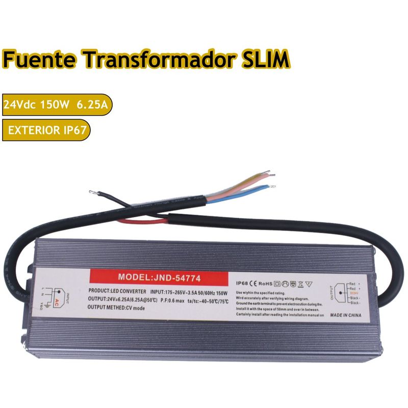 Fuente trasformador SLIM 24V 6.25A 150W para cámaras de vigilancia equipos GSM videograbadores tiras led - Jandei