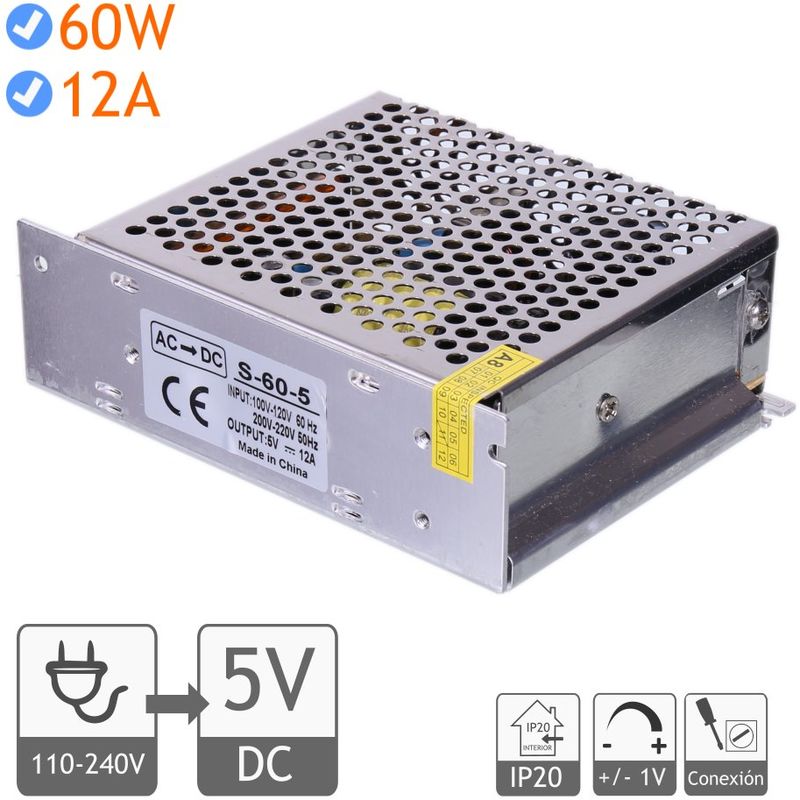 Transformador 220V 5V DC 60W 12A interior IP20 Multi voltaje Soporta 220V y 240V a 50Hz y 110V - 120V a 60Hz - Jandei