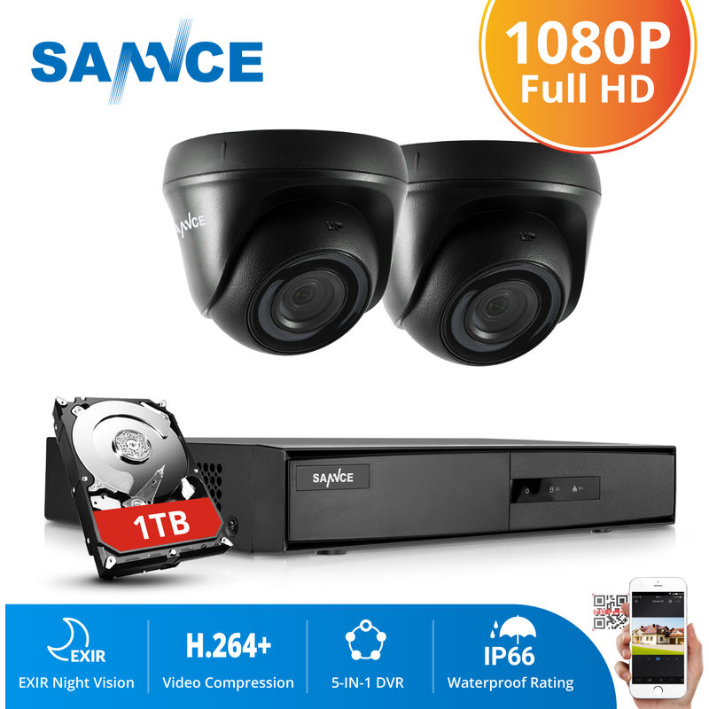 SANNCE Kit Video vigilancia cctv sistema de seguridad 4CH TVI DVR grabadora + 2 cámara de vigilancia exterior a prueba de intemperie HD 1080p visión