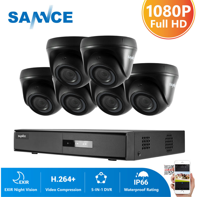 SANNCE Kit Video vigilancia cctv sistema de seguridad 8CH TVI 5 en 1 grabadora + 6 cámara de vigilancia exterior HD 1080p visión nocturna de 20m –