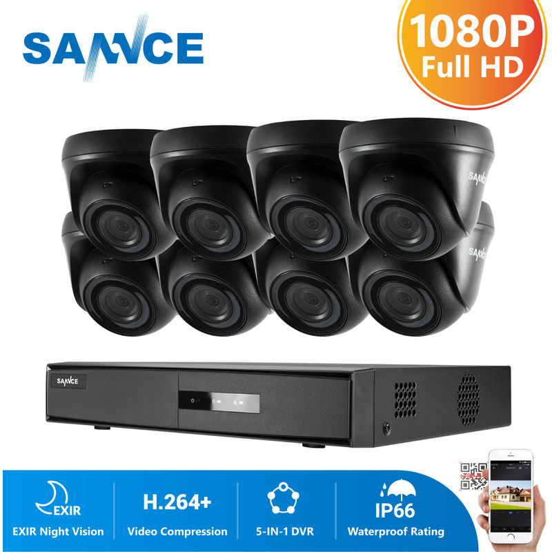 SANNCE Kit Video vigilancia cctv sistema de seguridad 8CH TVI 5 en 1 grabadora + cámara de vigilancia exterior a prueba de intemperie HD 1080p visión