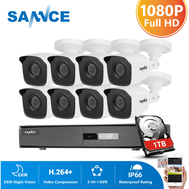 SANNCE Sistema de seguridad de video en el hogar 720P con 1080N DVR con 8 cámaras estilo C - HDD de 1 TB