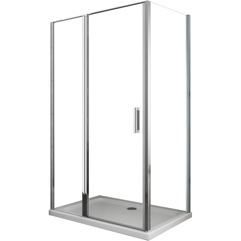 Cabina de ducha angular de 6 mm pared lateral fija y cara frontal compuesta por pared + puerta batiente – 96.5-99 fija x 137-140 pared + batiente