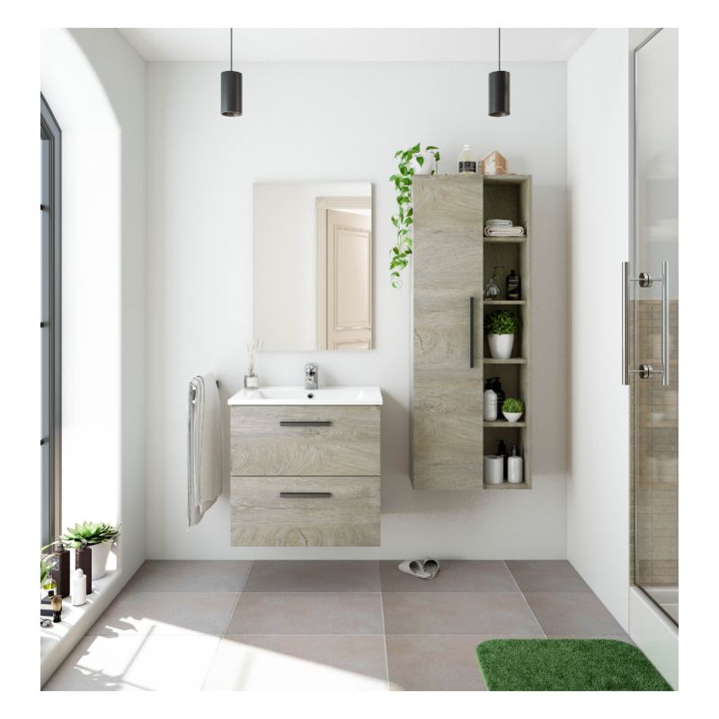 Mueble de baño suspendido 60 cm Roble con Lavabo y Espejo  Roble claro - Con Doble Columna y Lámpara de Led - CAESAROO