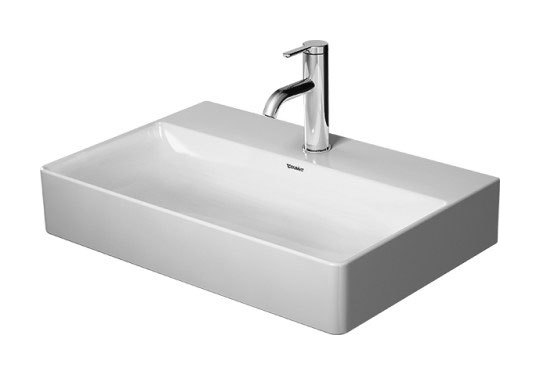 Lavabo Duravit DuraSquare, lavabo para muebles Compact 60x40cm, 2 agujeros para grifos, sin rebosadero, con banco para grifos, color: Blanco