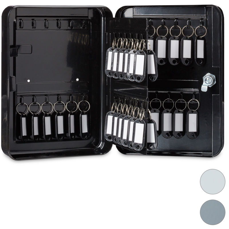 Caja para llaves con cerradura, 48 ganchos, Con llaveros, Metal, Negro, 25 x 18 x 7,5 cm