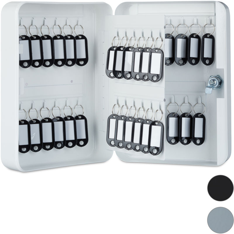 Caja para llaves con cerradura, 48 ganchos, Con llaveros, Metal, Blanco, 25 x 18 x 7,5 cm