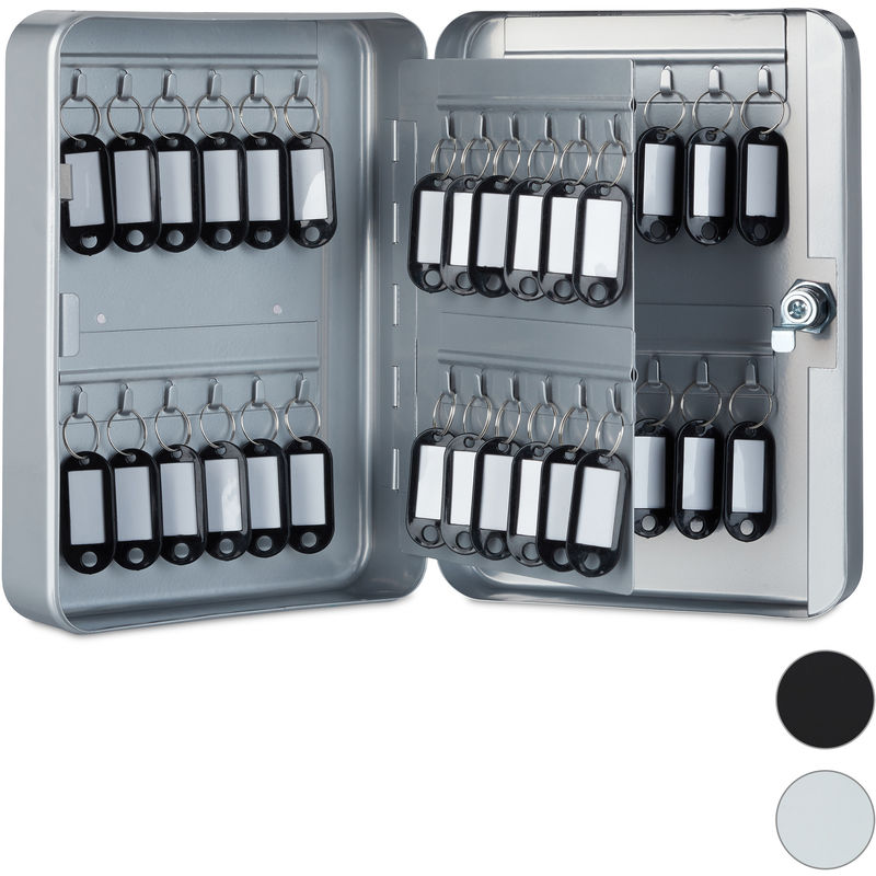 Caja para llaves con cerradura, 48 ganchos, Con llaveros, Metal, Gris, 25 x 18 x 7,5 cm