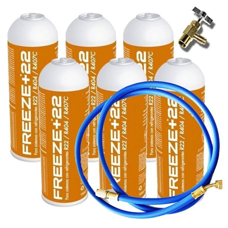 Reporshop - 6 Botellas Gas Refrigerante Freeze +22 400Gr + Valvula + Manguera Organico Sustituto R22/R404/R407C/