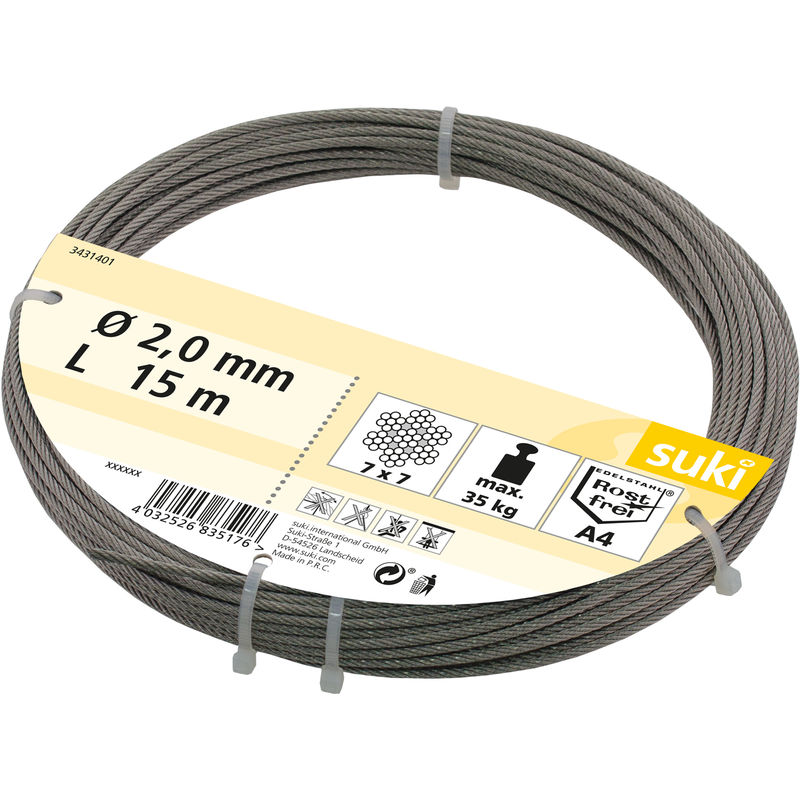15m de cable de acero inoxidable A4, de 2,0mm - SUKI