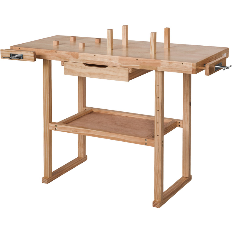 Banco de trabajo de madera con tornillos de banco modelo 1 - banco de taller con ganchos, banco carpintero con tornillos de banco laterales, banco