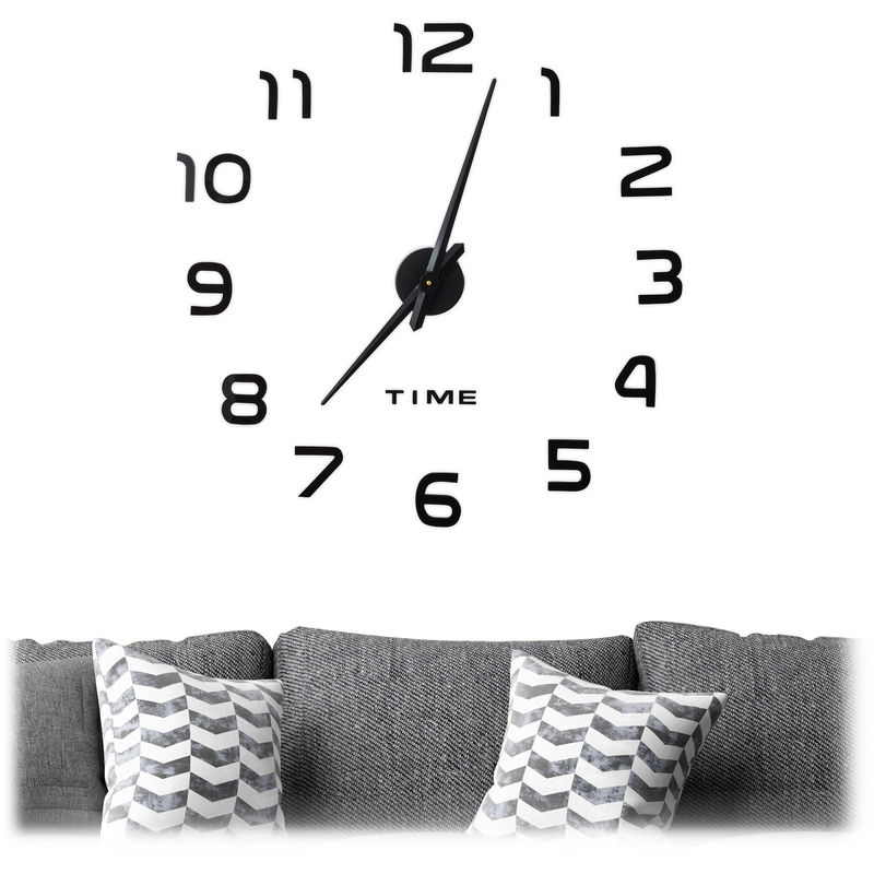 Relaxdays - Reloj analógico de pared, Números en 3D, Adhesivo, Instalación sencilla, 1 Ud., Negro