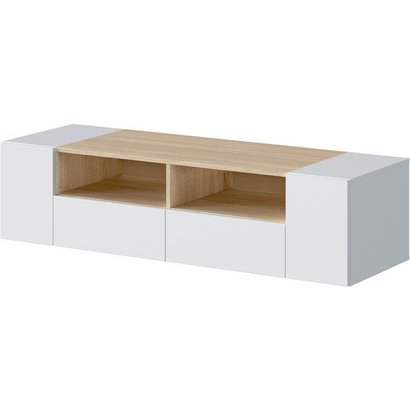 Dmora - Mueble de TV de dos puertas batientes, dos puertas abatibles y dos estanterías pequeñas, color blanco con detalles en roble, de 138 x 36 x 32