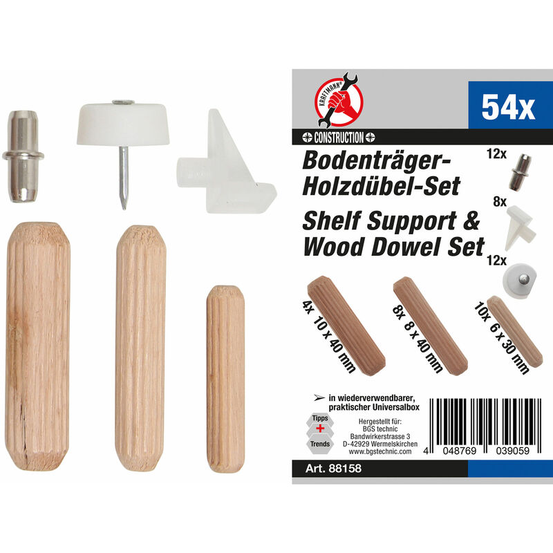 Km Surtido de soportes de estantería y tacos de madera  54 piezas