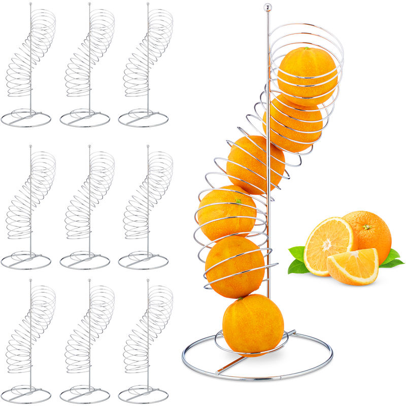 Pack de 10 Fruteros de Cocina Modernos Espiral, hasta 7 Naranjas o Manzanas, Metal, 48 x 21 x 21 cm, Plateado - RELAXDAYS
