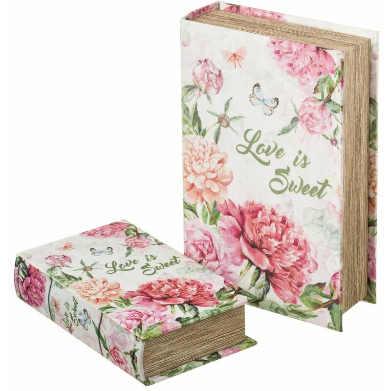 Set de 2 cajas libro de madera con flores rosa - LOLAHOME