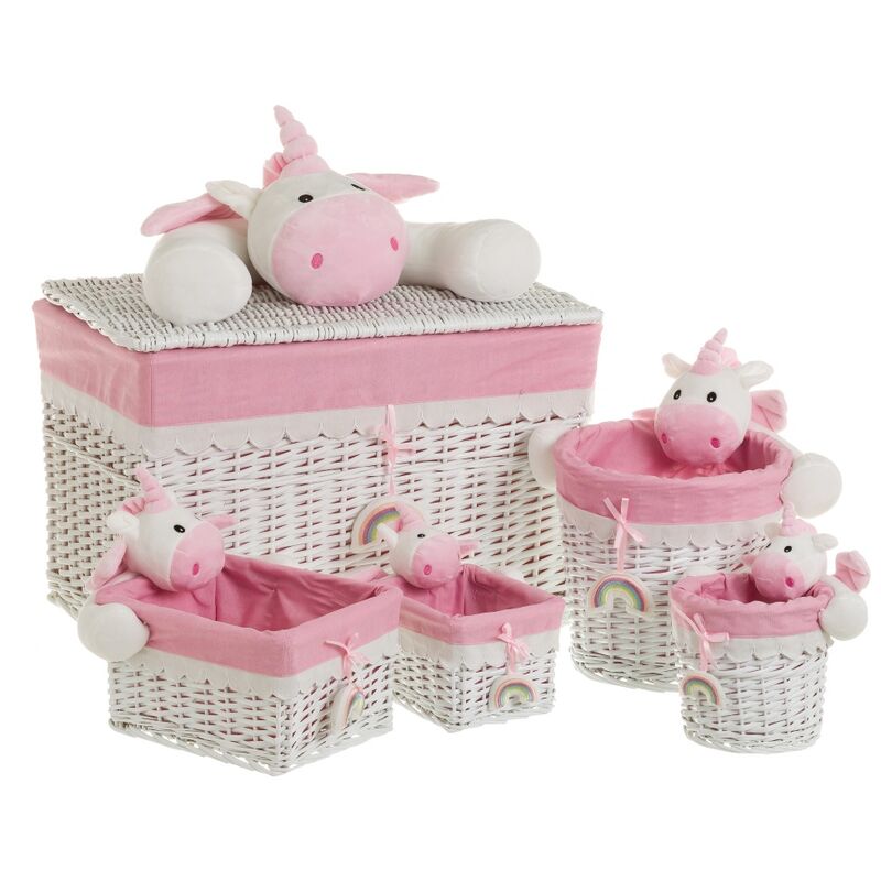 Set de baúl y 4 cestas infantiles de mimbre rosa - LOLAHOME