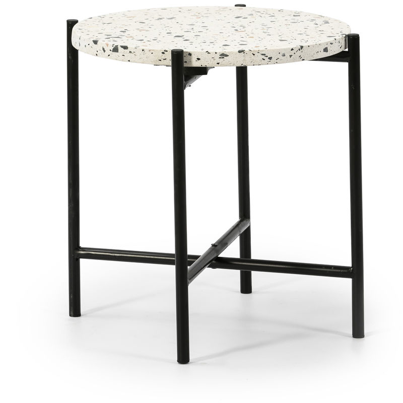 Mesa Auxiliar Mesa De Centro Redonda AMY Con Tapa De Tarrazo Blanco Y Patas Metalicas En Negro Mate / Diametro: 41 Cm
