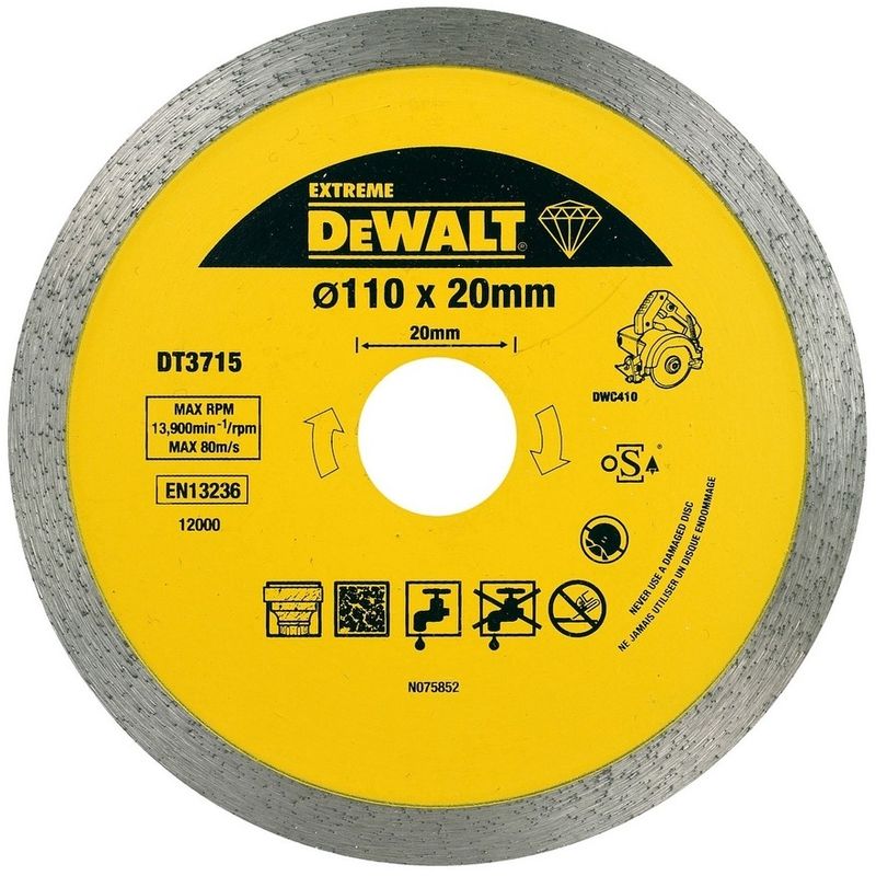 DEWALT DT3715-QZ - Disco de diamante para corte en seco y en húmedo de azulejo 110x20mm porcelana/Piedras