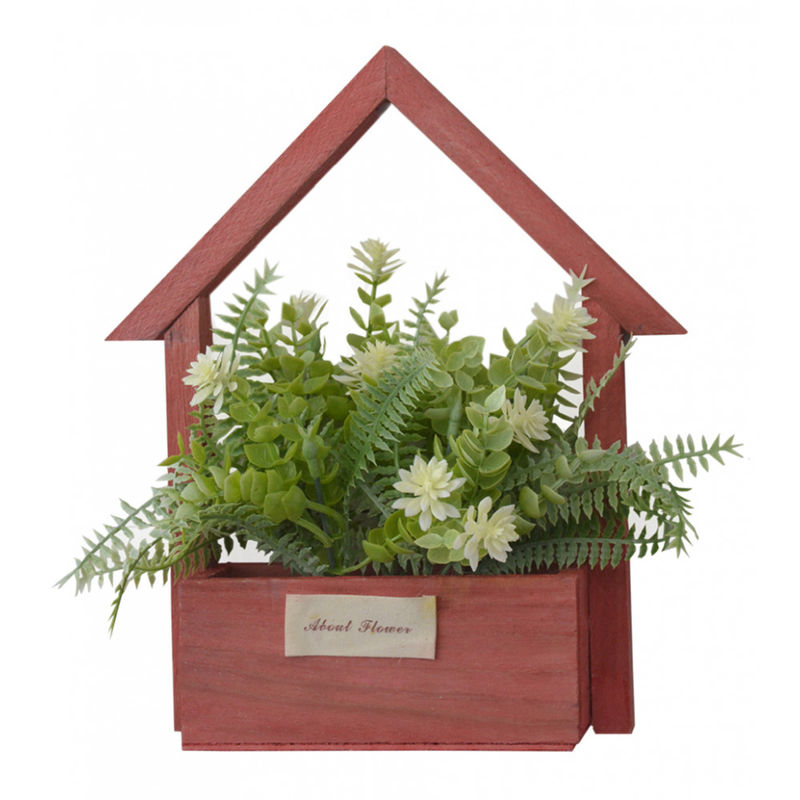 Flores Artificiales para Jardín con Macetero Rojo de Madera Natural, Flores Blancas Decorativas Vintage 24x6x16 cm - HOGAR Y MAS