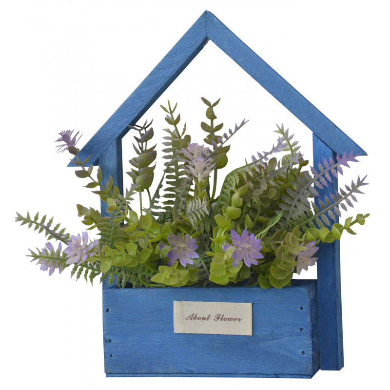 Hogar Y Mas - Flores Artificiales para Jardín con Macetero Azul de Madera Natural, Flores Moradas Decorativas Vintage 24x6x16 cm