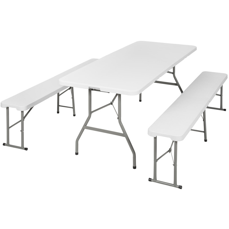 Tectake - Mobiliario de camping 3 piezas - mesa de camping + bancos, mesa y bancos plegables, mobiliario para autocaravana - blanco
