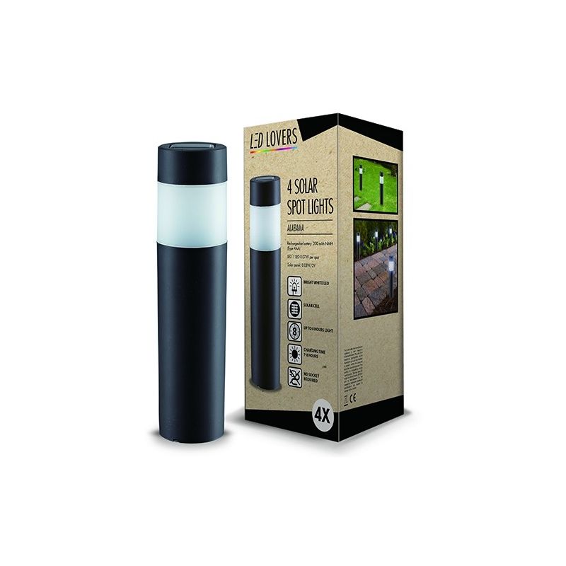 Led Lovers - Juego de 4 Postes de Luz Solar LED para Exteriores, color Negro, Plástico Duro, 270 mm + 120 mm en el suelo x Ø 50 mm