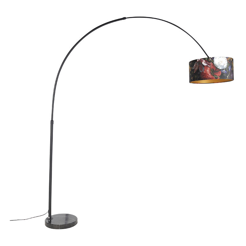 Moderno Lámpara de arco negra pantalla terciopelo flores/oro 50cm - XXL Acero /Mármol /Textil Alargada /Cilíndra /Redonda Adecuado para LED Max. 1 x