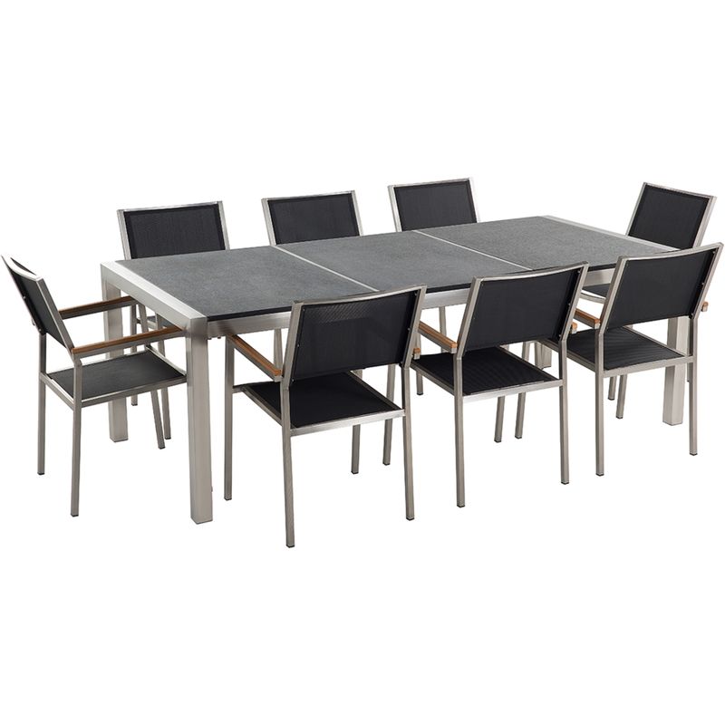 Conjunto de jardín mesa con tablero de piedra natural 220 cm, 8 sillas de tela grises GROSSETO - BELIANI