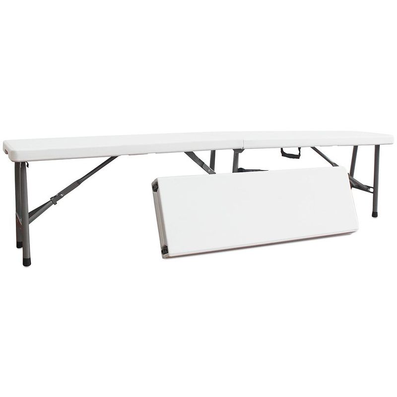 Banco Plegable Portátil, Banco de Plástico Resistente, 183 x 43 x 30 cm, Blanco, Paquete de 2, Plegable por la mitad, Capacidad de asientos: 2 a 4