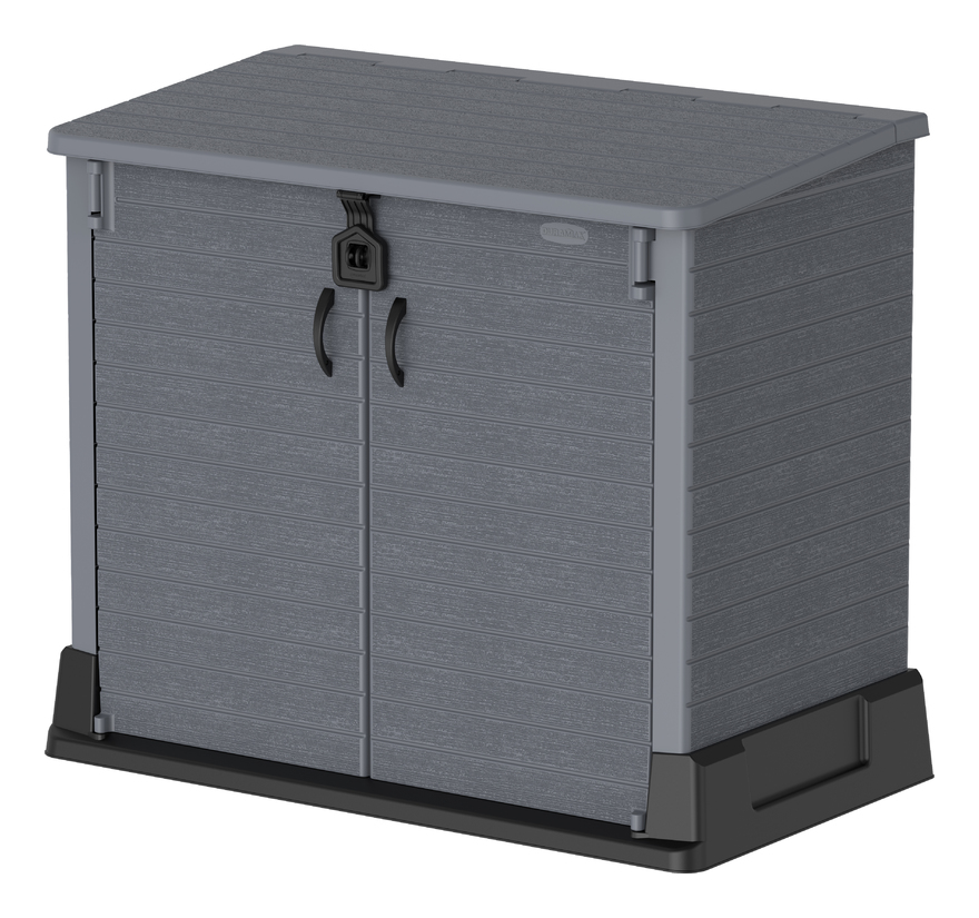 Arcón cubre cubos de plástico en color gris, capacidad hasta 850 L. con medidas max. de 130 x 74 x 110 cm.