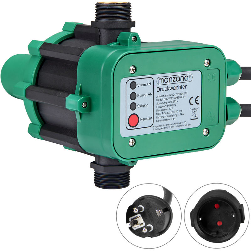 Monzana Interruptor de presión de bomba de agua 10Bar Presostato automático Controlador con o sin cable 60a160Lxmin Cable incluido