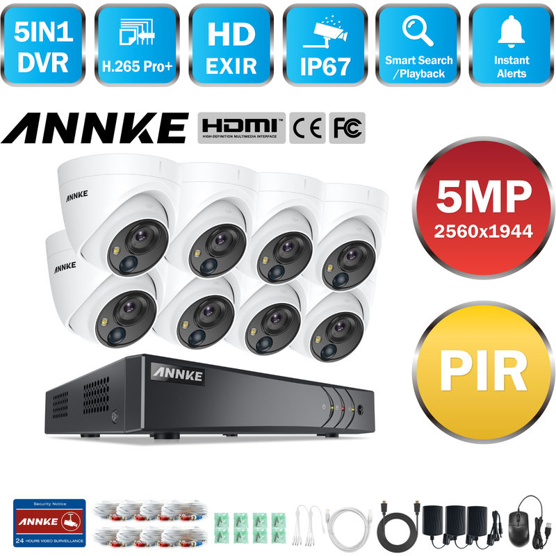 Sistema de cámara de seguridad Super HD de 5MP DVR 5-en-1 de 8 canales con cámaras PIR para exteriores de 8 * 5MP - sin disco duro - Annke