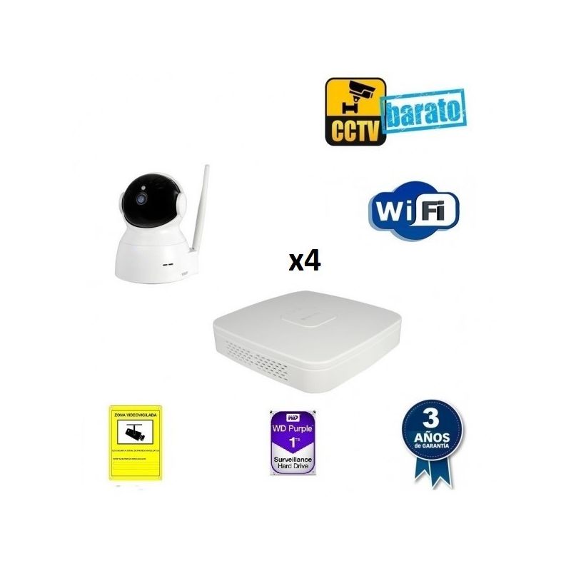 Kit de videovigilancia IP Wifi 4 cámaras motorizadas domo interior 2Mpx óptica fija más grabador NVR de 4 canales, Añadir mas memoria :3TB,Cambiar